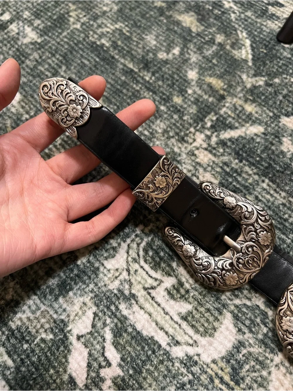 Black Western Double Buckle Belt Silver Floral Engraved Hardware Statement Waist